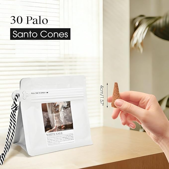 White Sage Incense Cones 30 Pcs Count with Holder - Smudging Incense for Positive Energy & Spiritual Cleansing Mosfantal