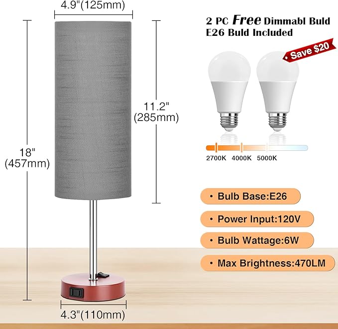 ZJOJO Table Lamp for Bedroom 2 Pack,18in Bedside Lamps with 3 Way Dimmable Rocker Switch & AC Outlet,Nightstand Desk Lamp with Gray Fabric Shade Brown Base for Living Room Home Decor Lights - Bloomnest