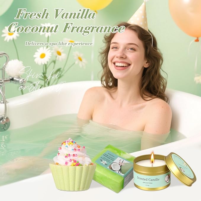 Birthday Gifts for Women Daisy Spa Gifts Box Set,Happy Birthday Gift Baskets for Mom Wife Girlfriend Best Friend Sister Self Care Valentines Day Gifts for Her with Blanket Vanilla Coconut Candle