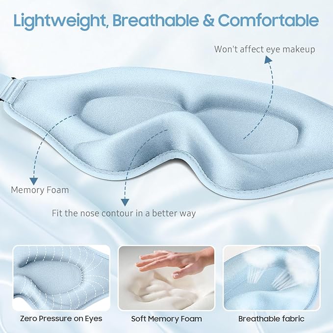 Sleep Mask, Premium Eye Mask for Sleeping, Total Blackout, Superior Soft Comfort, Upgraded 3D Ergonomic Designed Sleeping Mask for Home, Office, Travel, Meditation, Sky Blue - Bloomnest