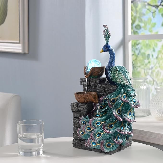 Tabletop Water Fountain Decor, Peacock with LED Glass Color Changing Globe,Relaxation Decorative Desktop Water Zen Fountain for Home/Office,Living Room Décor.13.78" Tall