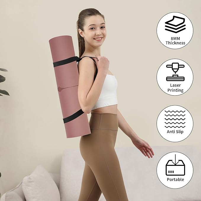 HAHE Yoga Mat Thick (8MM,1/3"), Eco-Friendly POE Non Slip Yoga Mat, High Rebound & Shock Absorption, Anti-Tear & Sweat-Resistant for Yoga, Fitness, Home, Workouts, Large Pilates Mats 72"x24" with Carrying Strap - Bloomnest