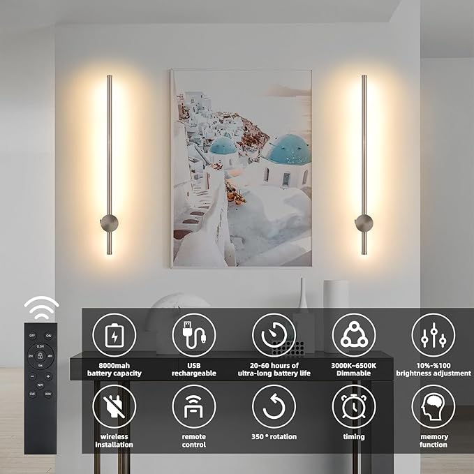 Battery Operated Wall Sconces with Remote, Dimmable 3000K-6000K/Timer/Memory LED Wall Lamp, 350°Rotate, USB Rechargeable Wireless wall lights for Living Room, Bedroom Brushed Nickel 23.6" (2 Pack) - Bloomnest