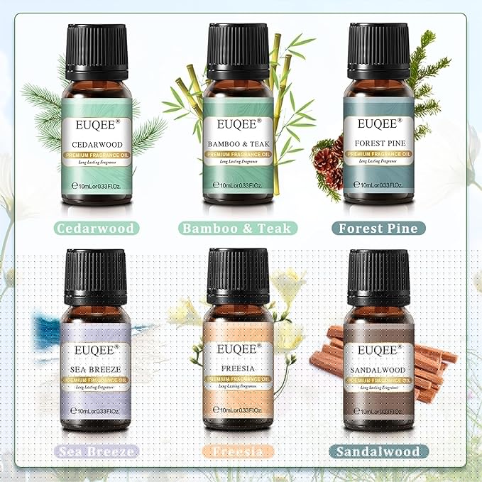 EUQEE Nature Air Premium Grade Scented Oils Gift Set - Sea Breeze, Forest Pine, Bamboo & Teak, Cedarwood, Sandalwood, Freesia (10ml) EUQEE