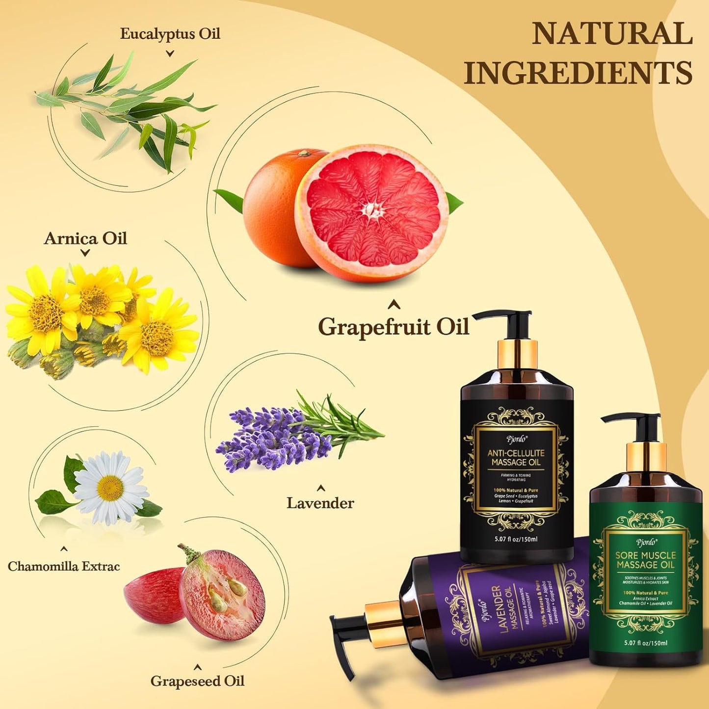 3 Pack Massage Oil for Massage Therapy, Lavender Oil for Relaxation, Sore Muscle Arnica Oil & Cellulite Massage Oil, with Massage Roller Ball & Thumb Saver Massage Tool, Massage Kit for Him Her