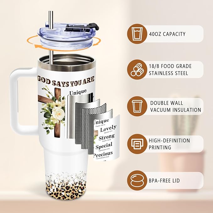 DUUV Christian Gifts for Women, Christian Tumbler 40 Oz with Handle, Christmas Thanksgiving Religious Gifts for Wife Mom Sister, Jesus God Encouragement Gift for Faith Lovers Women, 1PCS - Bloomnest