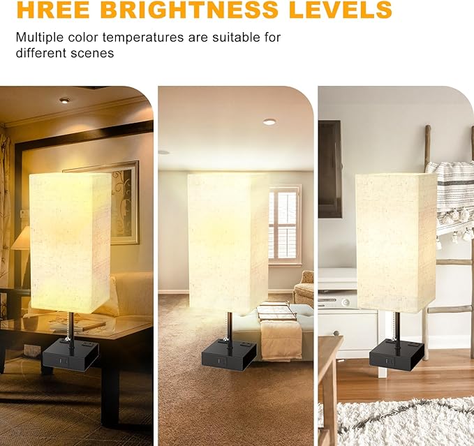 Table Lamp for Bedroom with USB,Bedside Lamp with USB C+A Charging Ports,Adjustable 3color LED Light for Home Decor/Nightstand/Office,Included Bulb and Fabric Lamp Shade (Linen White, 1PCS) - Bloomnest