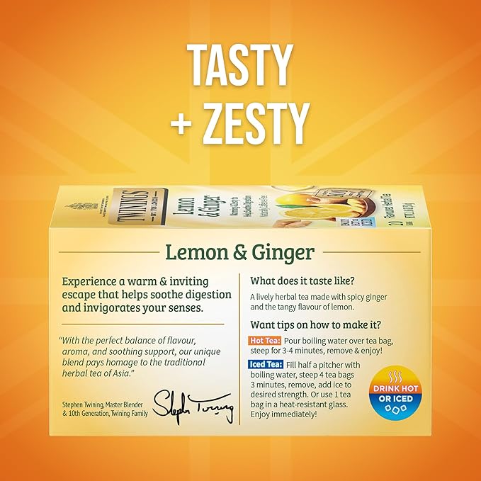 Twinings Lemon & Ginger Herbal Tea Individually Wrapped Bags, 20 Count (Pack of 6), Tangy Lemon, Spicy Ginger, Naturally Caffeine-Free, Enjoy Hot or Iced, 120 Teabags - Bloomnest