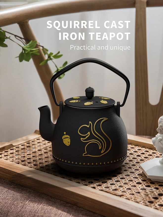 Toptier Teapot with Removable Infuser, Cast Iron Tea Kettle Stovetop Safe, Squirrel Design Tea Pot Coated with Enameled Interior for 32 Ounce (950 ml), Black - Bloomnest