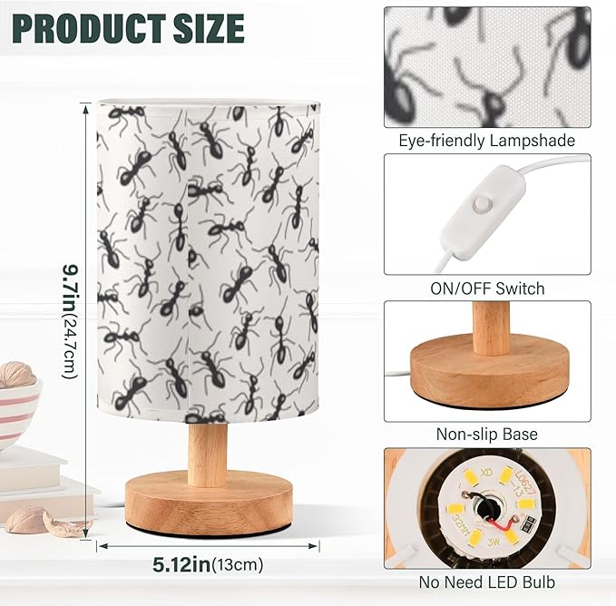 Table Lamp Ants Pattern Nightstand Lamp with Wood Base Fabric Lamp Shade Bedside Desk Lamp for Living Room Bedroom Kids Room Office - Bloomnest