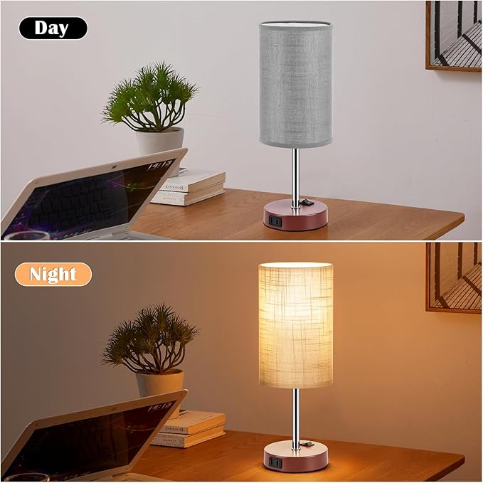 ZJOJO Table Lamp for Bedroom Set of 2, Bedside Small Lamps with 3 Way Dimmable Rocker Switch and AC Outlet, Nightstand Desk Lamp with Gray Fabric Shade Brown Base for Living Room Home Decor Lights - Bloomnest