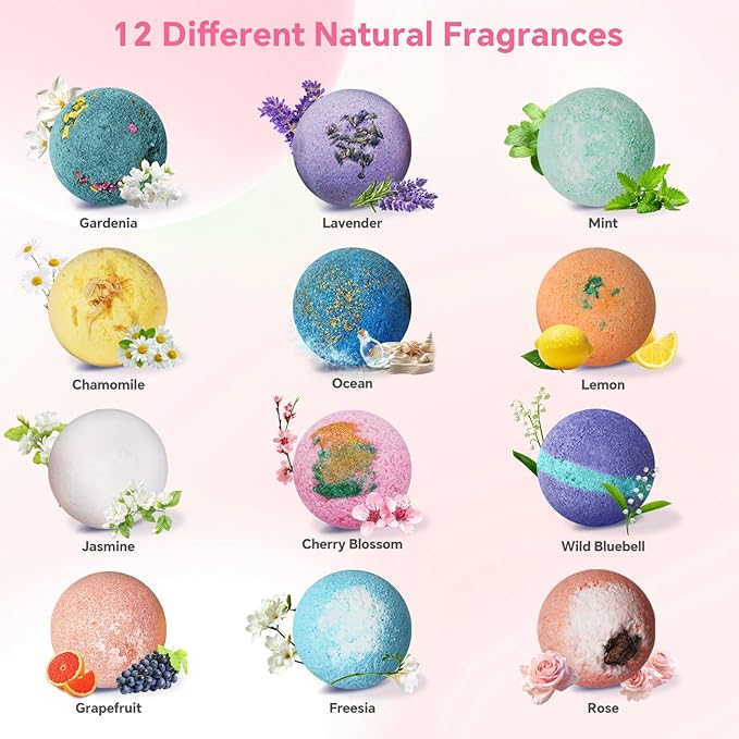Bath Bombs for Women, 12 PCS Bath Set, Natural Bubble Bathbombs with Shea Butter, Dry Skin Moisturizing, Present for Christmas, Birthday, Valentine’s Day for Mom, Wife, Her, Girls - Bloomnest