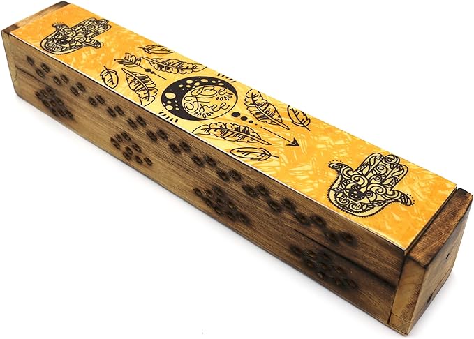 SOUL STICKS Handmade Carved Incense Burner Wooden Coffin Box with Storage Includes Go Away Evil Incense Sticks (Yellow Hamsa Hand) - Bloomnest