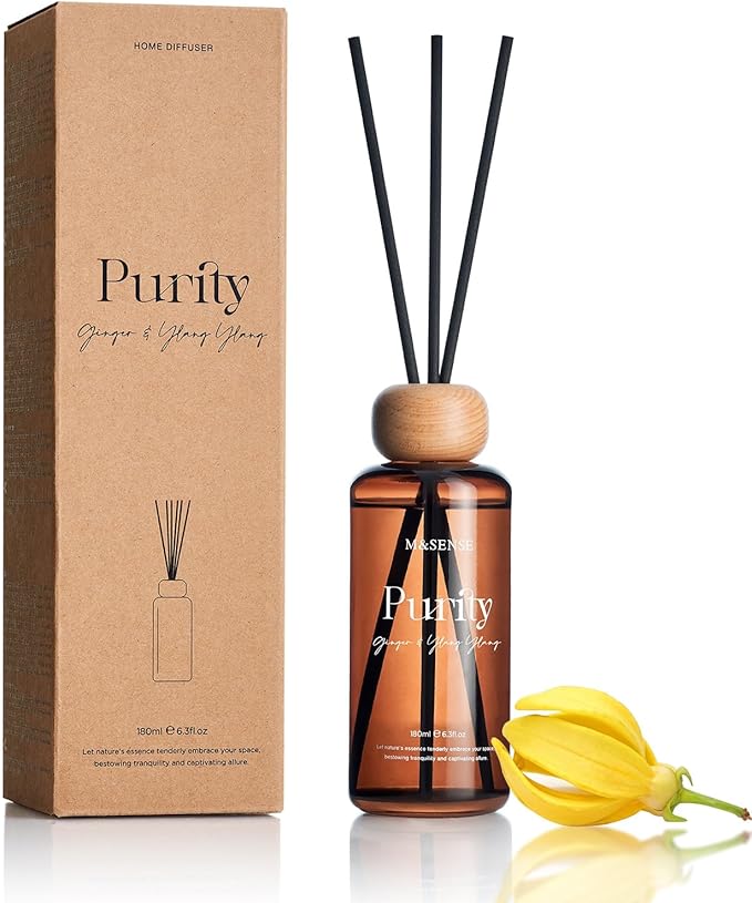 M&SENSE Reed Diffuser Set, Ginger Ylang Ylang Scented 6.3 fl oz Natural Essential Oil Diffusers with Sticks, Non-Toxic Organic Air Freshener, Long-Lasting Fragrance Oils for Home Bathroom Study Office MSENSE