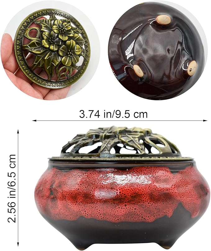 MrMrKura Ceramic Incense Burner with Lid, Incense Holder for Sticks Incense Cone Holder with Brass Incense Stick Holder for Yoga Meditation Home Decor (Fambe Red) - Bloomnest