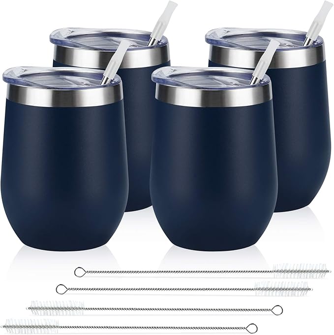 Lifecapido 4 Pack 12Oz Stainless Steel Stemless Wine Glasses, Insulated Wine Tumbler, Stainless Steel Wine Tumbler Cups with Lids and Straws for Coffee, Cocktails, Wine, Champaign, Navy Blue - Bloomnest