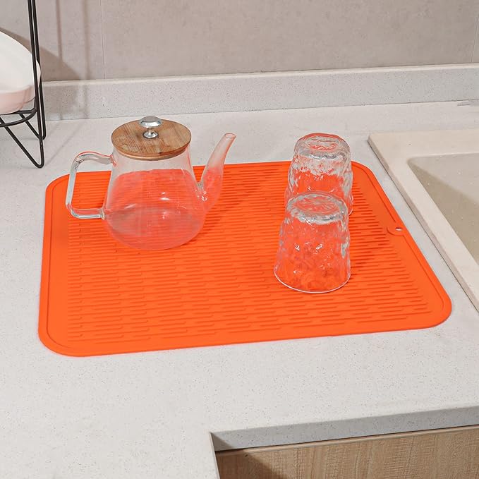 Silicone Dish Drying Mat for Multiple Usage,Easy clean,Eco-friendly,Heat-resistant Silicone Mat for Kitchen Counter or Sink,Refrigerator or Drawer Liner Orange XL 18 inches x 16 inches - Bloomnest