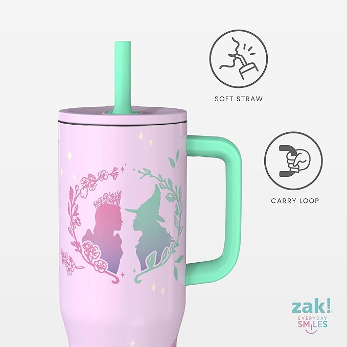 Zak Designs Wicked: For Good Sutton Travel Tumbler for On the Go, 30oz Stainless Steel with Vacuum Insulation, Silicone Straw, and Carry Handle for Cold Drinks (Glinda and Elphaba) - Bloomnest