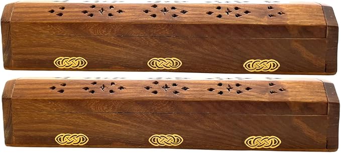2 Pack Wooden Coffin Incense Sticks Burner - 12 Inches Brass Inlays - Storage Compartment (Celtic Knot) - Bloomnest