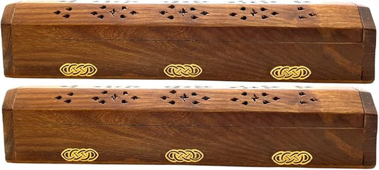 2 Pack Wooden Coffin Incense Sticks Burner - 12 Inches Brass Inlays - Storage Compartment (Celtic Knot) - Bloomnest