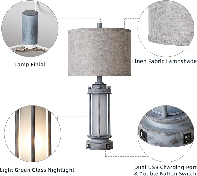 Rustic Table Lamp for Bedroom Living Room with 2 USB Ports, Farmhouse Vintage Nightstand Lamp 25'' with Light Green Glass Nightlight, Antique Retro Desk Lamp for Entryway, 2 Bulbs Included - Bloomnest