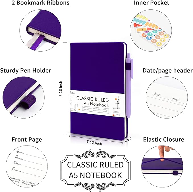 feela 12 Pack Notebooks Journals Bulk, Hardcover Notebook Classic Ruled Journal Set with Pen Holder for School Business Work Travel Writing, with 12 Black Pens, 120 GSM, 5.1”x8.3”, A5, Purple - Bloomnest
