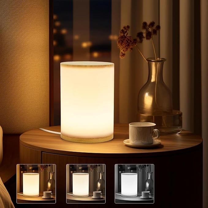 Mini Bamboo Bedside Table Lamp with10 Brightness & 3 Color Temperatures,Cozy PC Shade,Soft Ambient Nightstand Night Light for Bedroom,Kids Room,Bedroom,Dorm,Nursery - Bloomnest