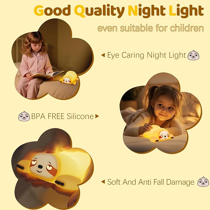 Cute Sloth Gifts Night Light, Funny Sloth Lamp, Rechargeable Squishy Dimmable Weird Nightlight, LED Novelty Animal Cute Stuff, Room Dorm Décor, Silicone Touch Light Up Sloth for Baby Kids - Bloomnest