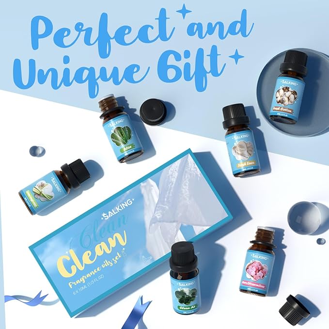 SALKING Clean Fragrance Oils Set, Premium Essential Oil for Diffuser, Scented Oil Gift Set for Soap Candle Making - Lemongrass, Fresh Cotton, Fresh Linen, Cherry Blossom Soap, Clean Air, Aloe - Bloomnest