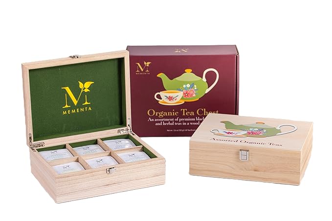 Mementa Inc Organic Wooden Tea Chest - 60 Tea Bags Individually Wrapped : Assorted Tea Variety Pack containing Black, Green, and Herbal caffeine-free teas : Tea Sampler Tea Set - Bloomnest