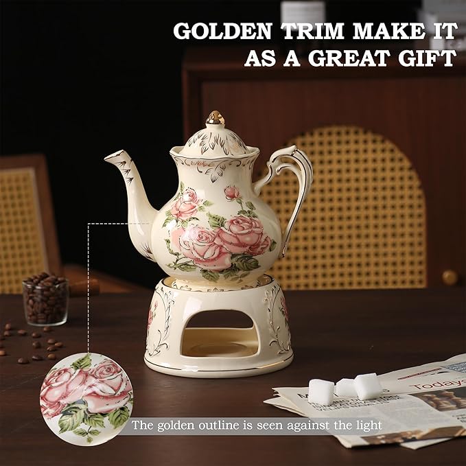 Vintage Ceramic Tea Pot, Heatable with Warmer, Decor for Party, Camping or Wedding, 25 oz/ 2 Cup, White with Pink Roses & Gold Trim - Bloomnest
