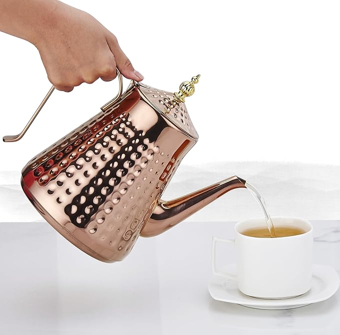 SANQIAHOME 1.6L(54oz) Stainless Steel Hammer Patterned Teapot With Removeable Infuser,Loose leaf cover,Copper - Bloomnest