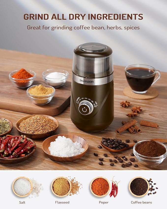 SHARDOR Electric Super Silent Blade Coffee Grinder, Timed Grind Control Rotary Knob, Adjustable Coarse to Fine for Coffee Beans, Spices & Herbs, with 1 Removable Stainless Steel Bowl, Brown - Bloomnest