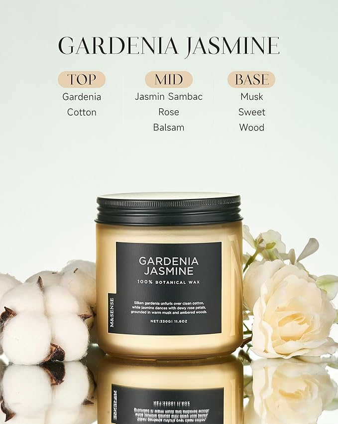 M&SENSE Gardenia Jasmine Scented Candle - 11.6oz Natural Soy Wax Clean Non Toxic 70-Hour Burn, 2-Wick Aromatherapy Candle for Bath & Office - Highly Scented Housewarming Gift for Mom Teacher Friends - Bloomnest