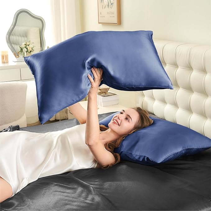 INFIIXSO Silk Pillow Cases 2 Pack Standard Size, Ultra Smooth & Soft Mulberry Silk Pillow Case for Hair and Skin, Breathable Cooling Silk Pillowcase with Hidden Zipper (Navy, 20x26 Inches) - Bloomnest