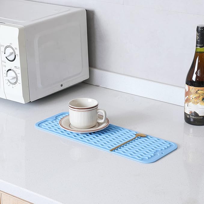 Silicone Dish Drying Mat for Multiple Usage,Easy clean,Eco-friendly,Heat-resistant Silicone Mat for Kitchen Counter,Sink,Bar,Bottle,or Cup Light Blue M 17 inches x 6 inches - Bloomnest
