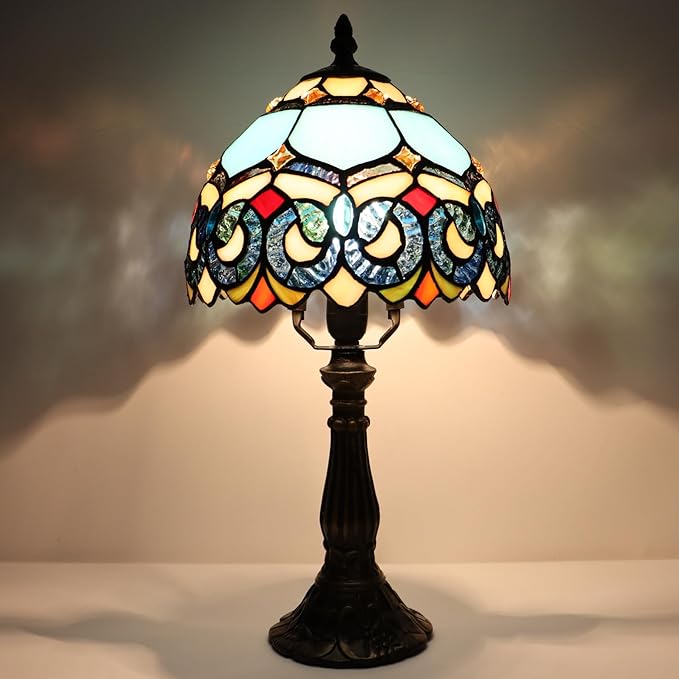 Small Tiffany Lamp Mini Accent Table Lamp Stained Glass Desk Memory Lamp Sympathy 8X14.5 Inch (Sapphire Style) - Bloomnest