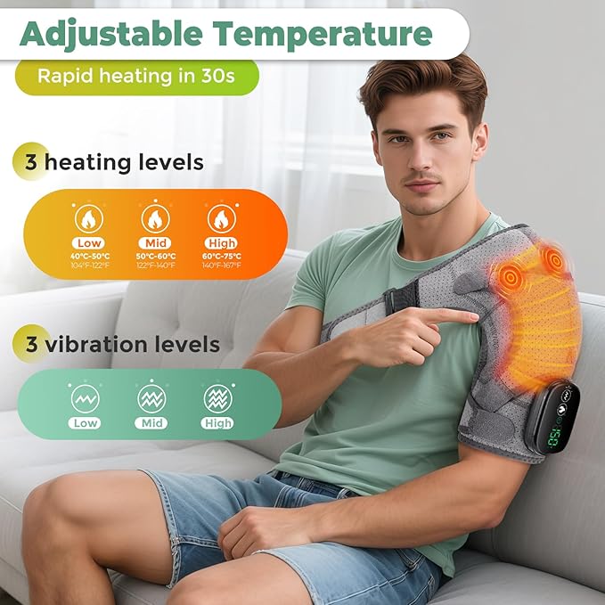 Cordless Shoulder Heating Pad,Heating Pad with Massage for Shoulders,Left Right Heated Shoulder Wrap Brace Chrismas Birthday Gift for Men Women (Grey) - Bloomnest