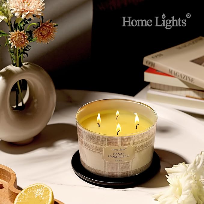 HomeLights Home Comforts Scented Candles | 18oz Soy Candles Rustic Modern 4-Wick Large Candle Jars | Ideal Candle Gifts for Events, Home Decor Stress, Relief & Relaxation - Bloomnest