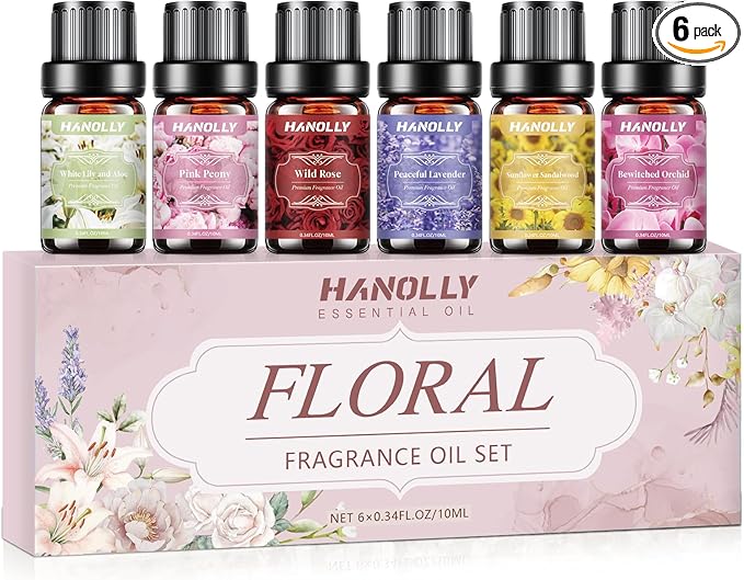 Floral Essential Oils Set - 6 Premium Fragrance Oil for Diffusers, Candle Making, Humidifier - Pink Peony, Wild Rose, Lavender, Sunflower Sandalwood, Bewitched Orchid, White Lily Aromatherapy Oi - Bloomnest