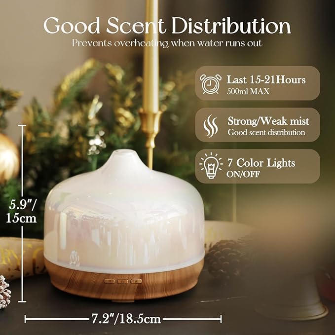 Porseme 500ml Glass Essential Oil Diffuser Aromatherapy Ultrasonic Cool Mist Humidifier 15-21 Running Hours Waterless Auto-Off Air Diffusers for Sleeping Yoga Office Working Spa and Rest (White Jade) - Bloomnest