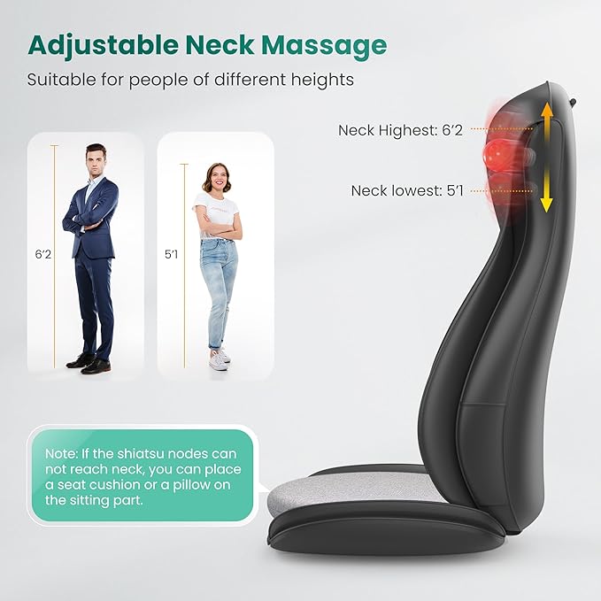 Snailax Shiatsu Neck Back Massager with Heat, Massage Chair Pad with Compression, Height-Adjustable Neck Massage Rollers Chair Seat Massager, Gifts for Men, Women - Bloomnest