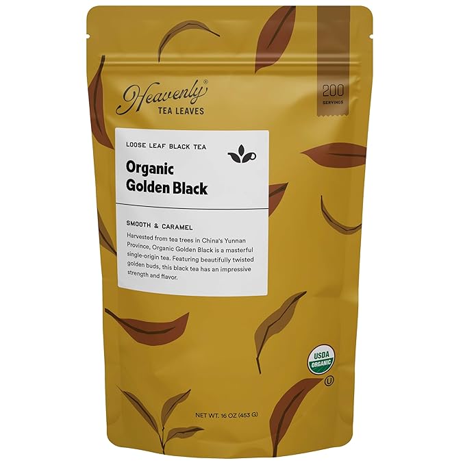 Heavenly Tea Leaves Organic Golden Black Loose Leaf Tea, 1 lb Bulk Resealable Pouch (Approx. 200 Cups) – Single-Origin Yunnan Black Tea with Golden Buds, Naturally Caffeinated for Smooth Energy - Bloomnest