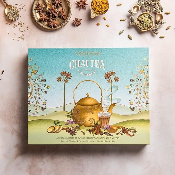 VAHDAM, Chai Tea Gift Set (12 varieties, 60+ servings) Chai Loose Leaf Tea in Tin Caddy Gift Box | Exotic Chai Tea Blends | Gluten Free, Non GMO | Valentines Day Gifts for Him & Her - Bloomnest