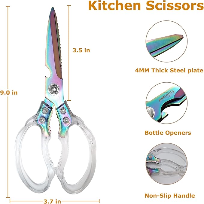 AWinjoy Heavy Duty Kitchen Scissors, Stainless Steel & Aluminum, Serrated Edge, Ambidextrous, Contemporary Style, Blade Color, Kitchen Shears - Bloomnest