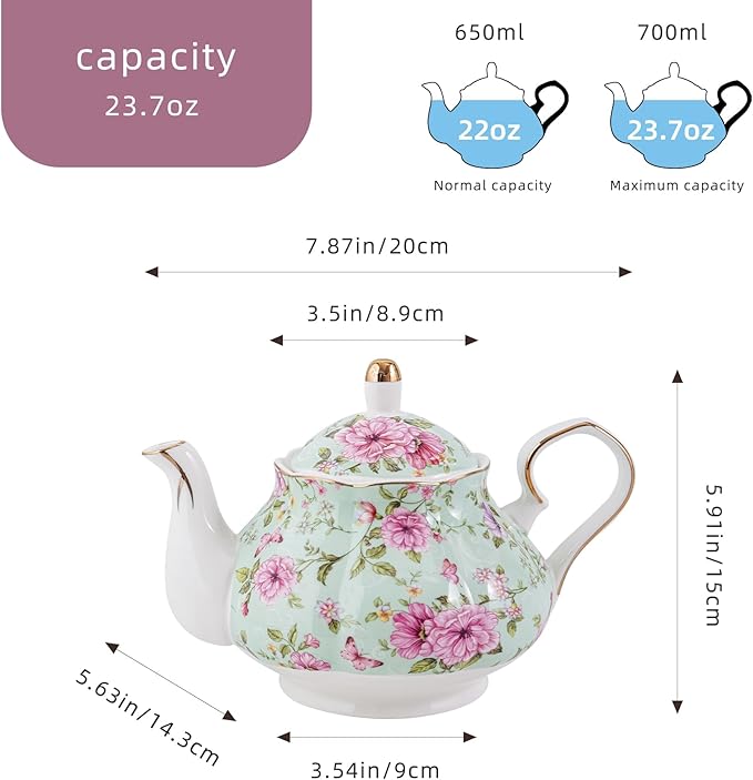 Flower Ceramic Teapot,22oz Porcelain Tea pot for Tea Coffee Milk for Office Home Men Women as Gift (Green) - Bloomnest