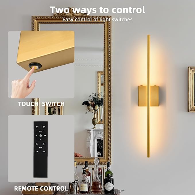 Battery Operated Wall Sconces set of 2, 16000mAh Brushed Gold Rechargeable Wall Sconce with Remote Control, 3000K-6000K Dimmable LED Wireless Wall Light for Living Room Hallway Bedroom Stairs 29 Inchs - Bloomnest