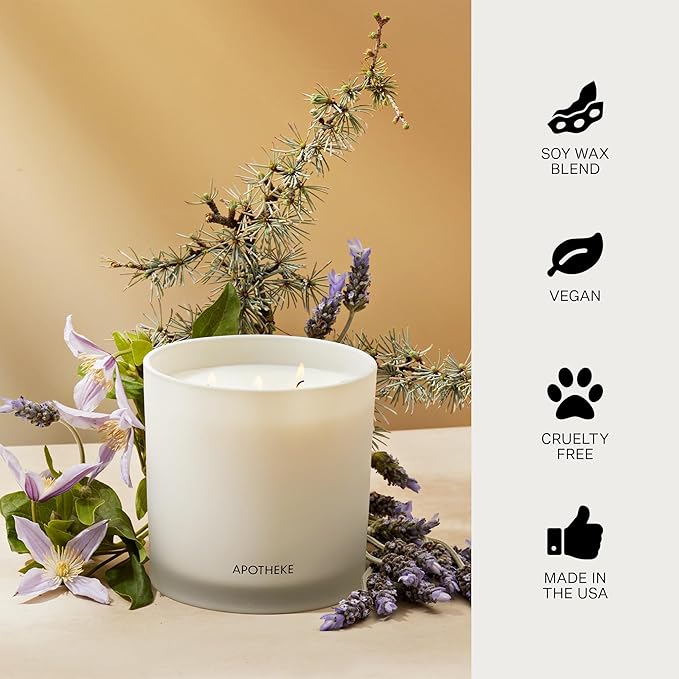 Apotheke 3-Wick Scented Candles for Home, Hinoki Lavender - 26 oz Soy Wax Jar Candle Gift for Women - Long-Lasting Fragrance with Perfume-Grade Essential Oils - Lavender, Lotus Flower, Hinoki Cypress - Bloomnest
