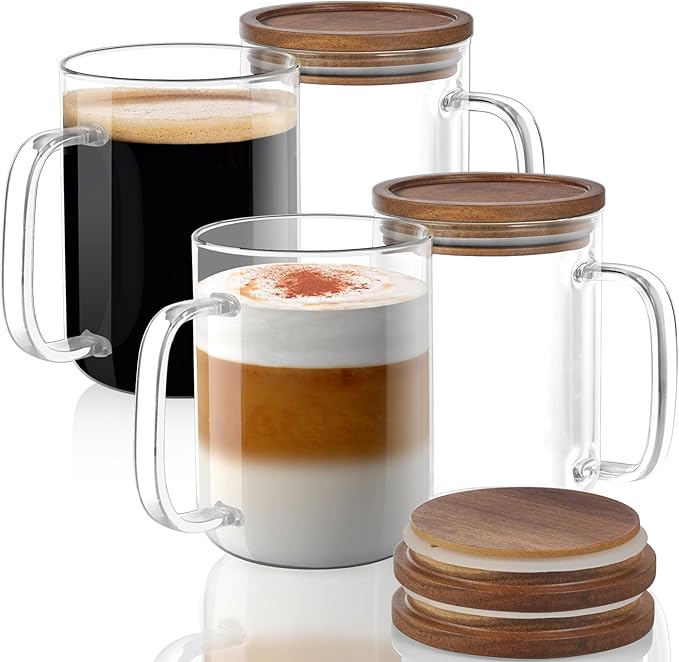 DRASTAR Glass Coffee Cups, 20 oz Large Coffee Mugs, Flat Bottomed Cups with Acacia Wood Lid, Glass Tea Cup with Handle, ClearTea Cup Set of 4 - Bloomnest