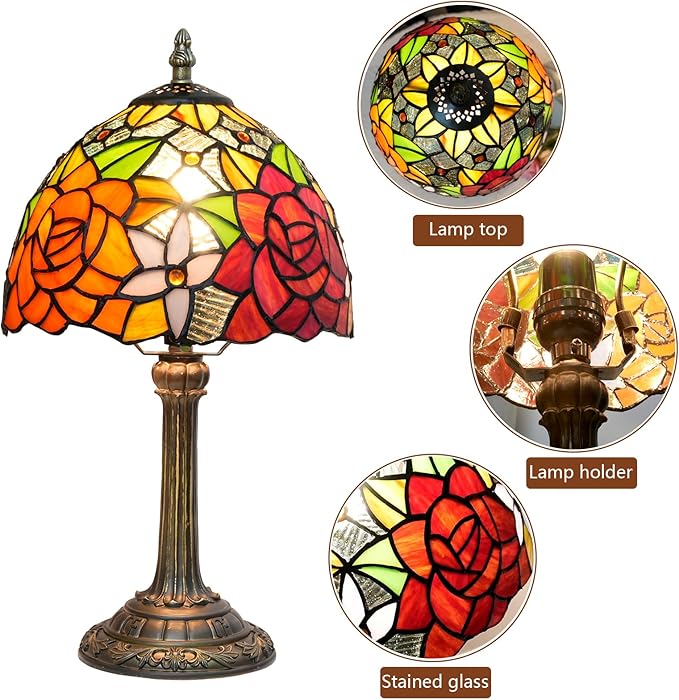 8 Inch Tiffany Stained Glass Lamp, Red And Orange Rose Flower Design, Victorian Vintage Style Bedside Lamp, Suitable For Bedroom Dining Room Office Hotel And Other Home Decoration (Gorgeous Rose) - Bloomnest